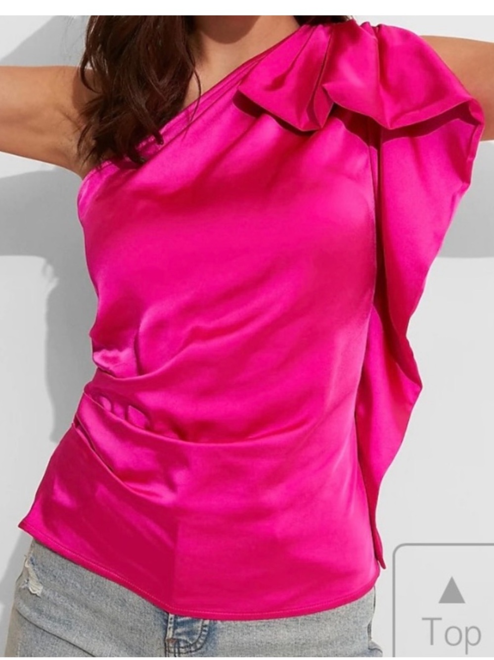 Express Hot Pink One-Shoulder Ruffle Satin Top